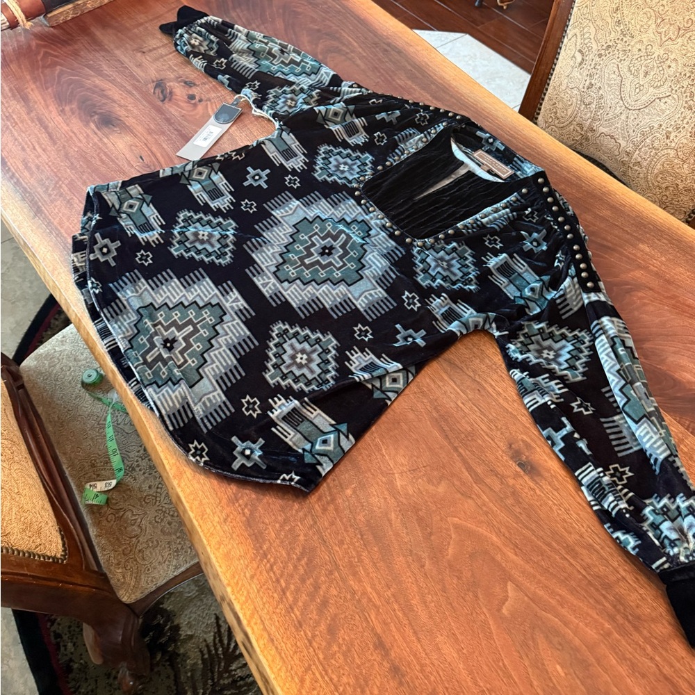 Double D Ranch Black and Blue Patterned Top $125 Size XS